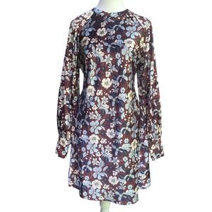 Future Collective Floral Long Sleeve Open Back Dress‎ Mini Brown Size